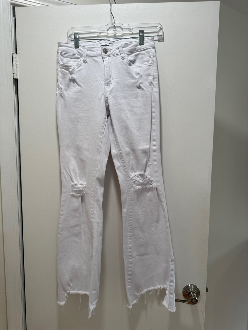 Flying Monkey White Distressed Flare Jeans with Raw Hem